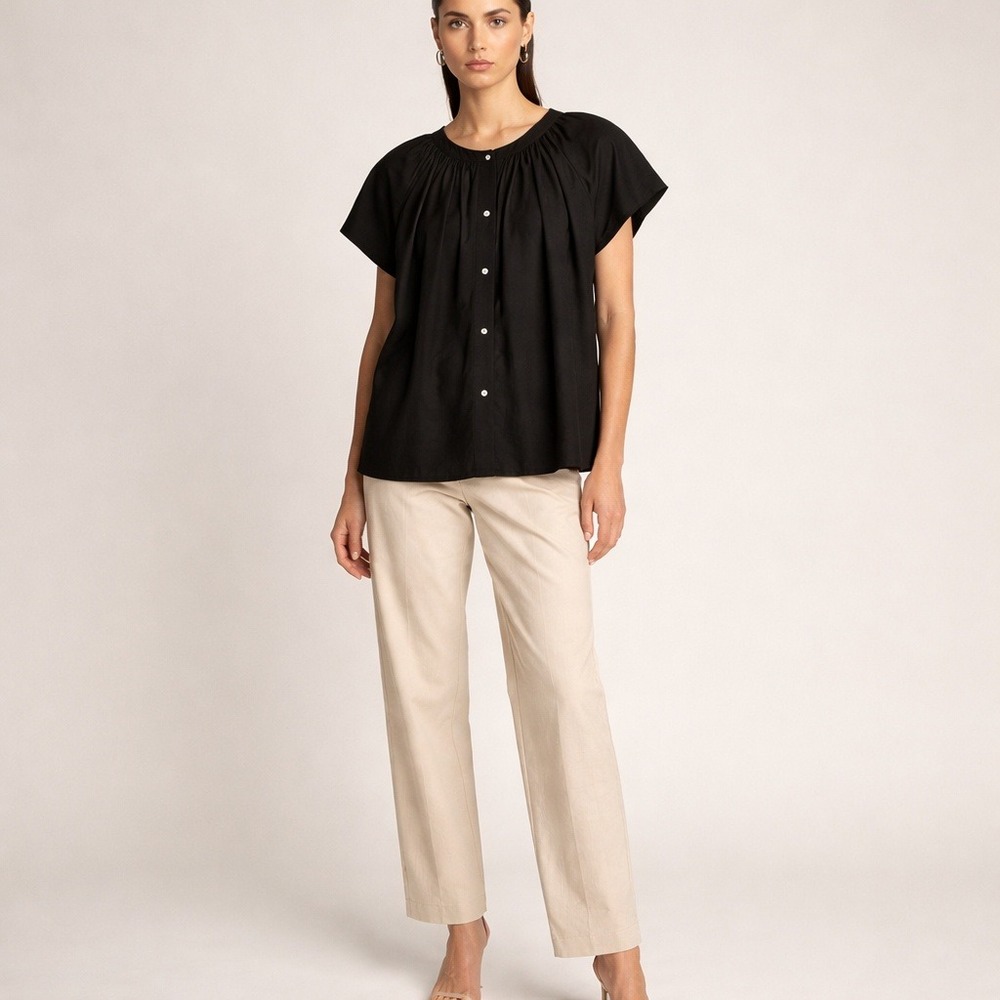 Jenni Kayne Black Cotton Linen Gathered Boxy Airy Blouse SZ Large Minimalist Lux